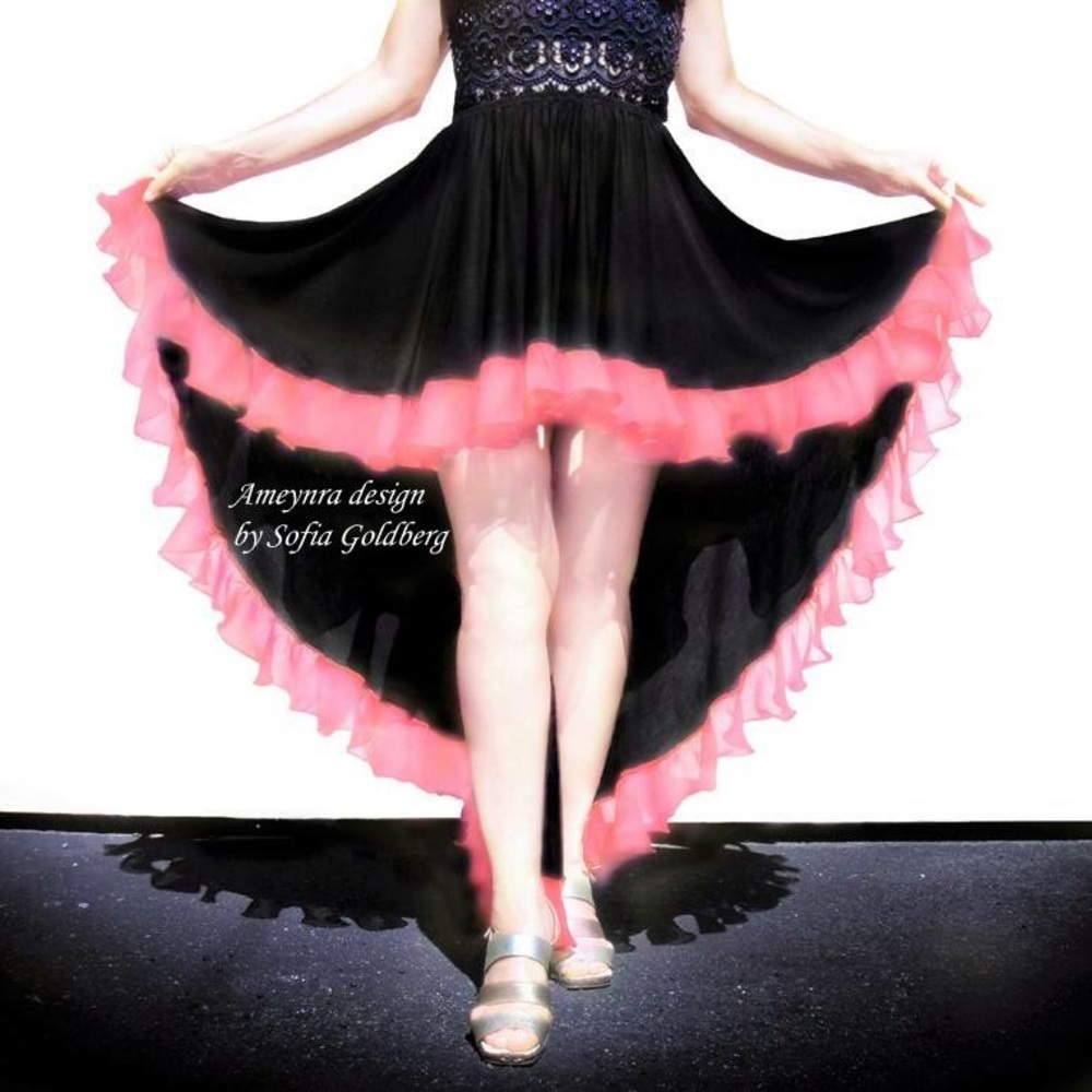 Ameynra high low skirt black rayon with coral pink chiffon ruffle